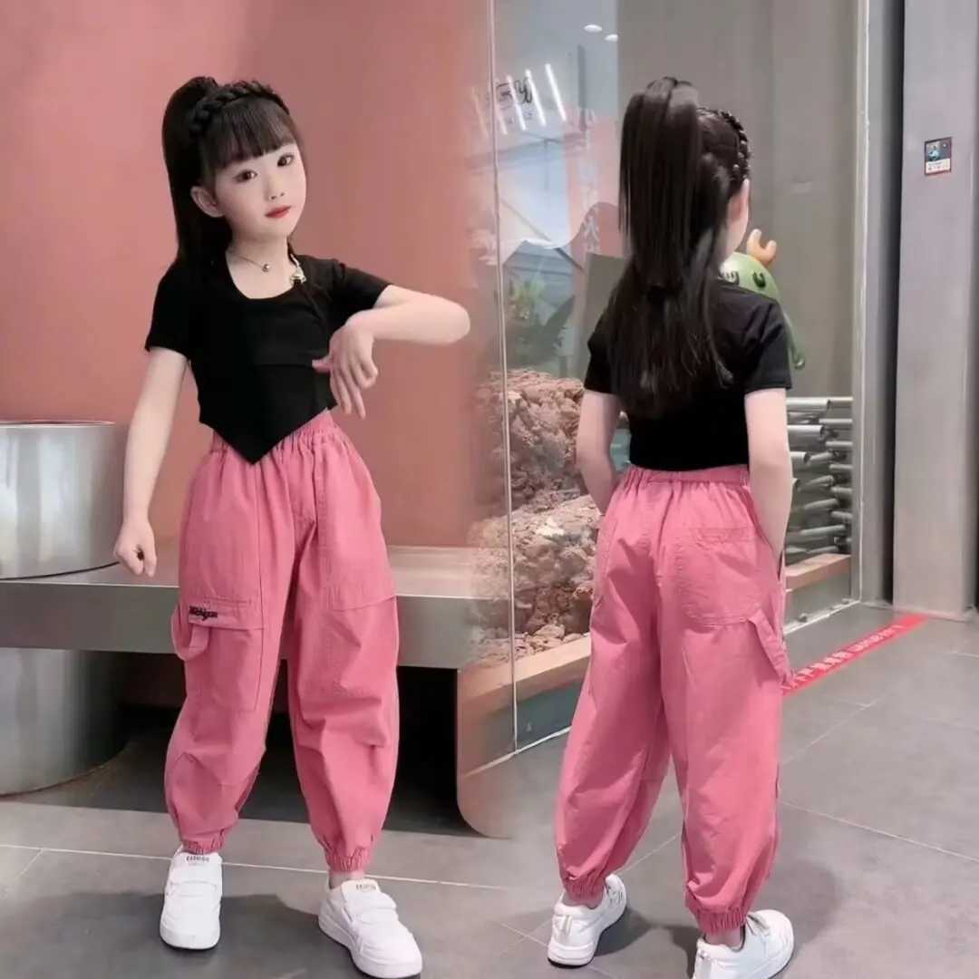 Pants for Kids Girls Cargo Pants Pure Color Trousers Pocket Loose Sport Pants High Waist Elastic Children Casual Running PantsT250318