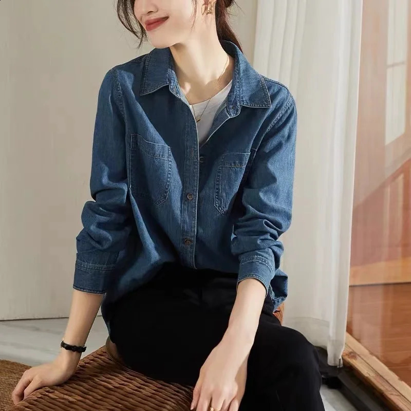 #3129 Blue Denim Shirts Women Long Sleeve Cotton 100% Vintage Jeans Shirts Femme Loose Ladies Tops And Blouses Spring Autumn 250318