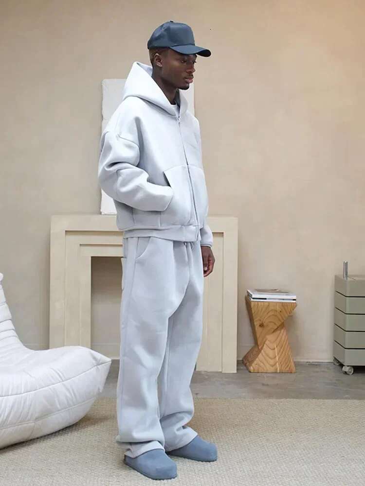 American Fashion Solid Color Fleece Oversized Sweatshirt Men's Two-Piece Y2k Haruku Hip-Hop Gothic Joker Slacks Jogging Pants