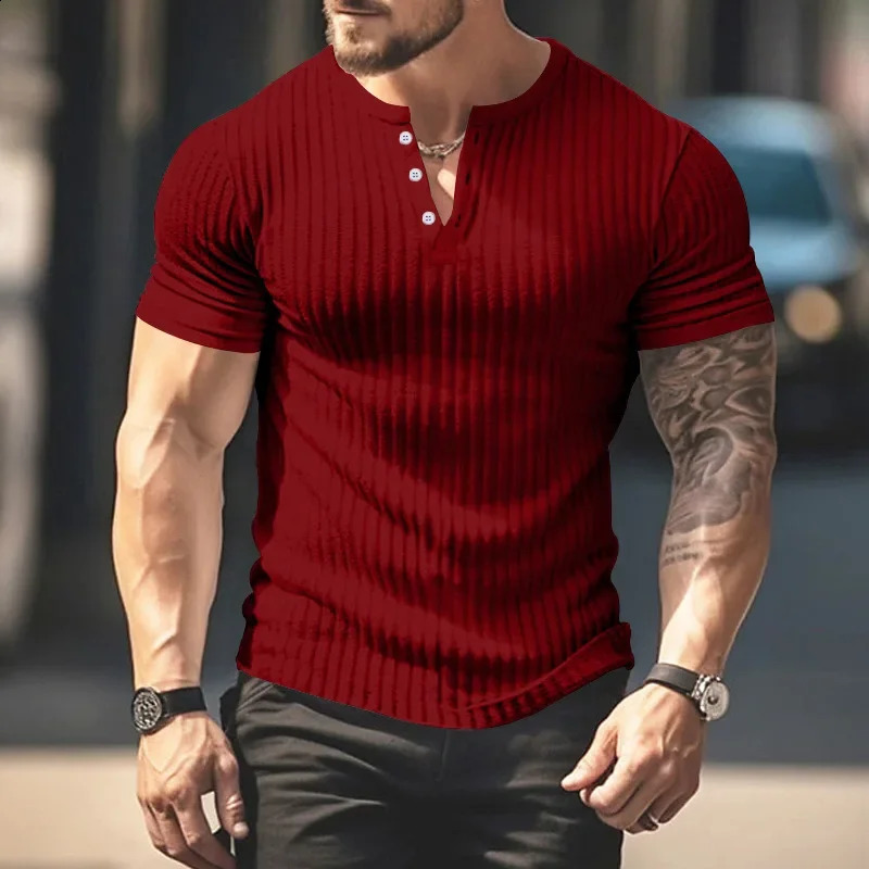 Fashion Europe and the United States solid color summer short-sleeved foreign trade Henry shirt casual knitted T-shirt 250319