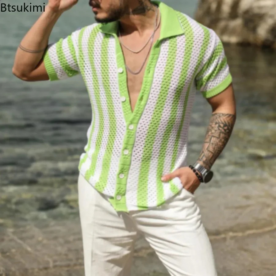 Mens Summer Striped Hollow Out Knitted Short-sleeved Polo Shirts Casual Loose Cardigan Tops Male Streetwear T-shirt 250317
