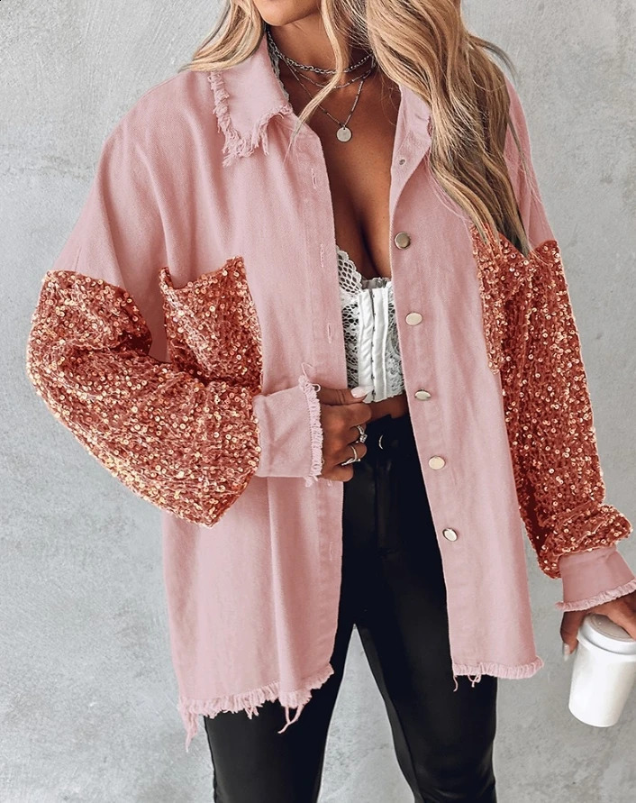 Young womens jacket for spring and summer latest lapel long sleeved contrasting sequin original hem jacket colorful lock top jacket 250317
