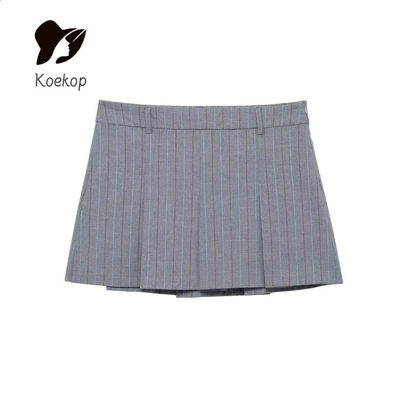 Koekop Womens Fashion Poplin Striped Round Neck Shoulder Strap Top and Retro Casual High Waist Mini Skirt 250318