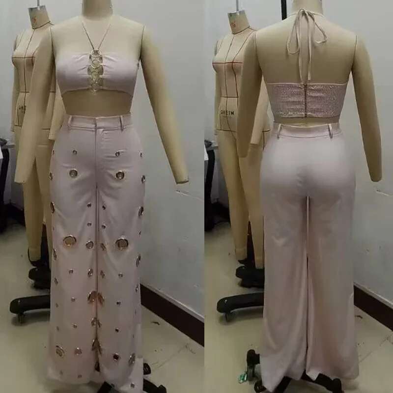 Sexy Night Party 2 Piece Sets Women Outfit Clubwear Festival Clothing Halter Crop Top And Pants Conjuntos Femininos Elegantes
