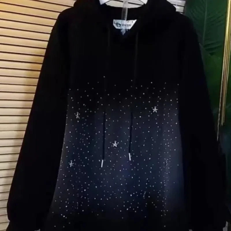 300 pounds plus size chubby MM loose hoodie thick velvet medium length style starry sky print long sleeved womens sportswear 250318