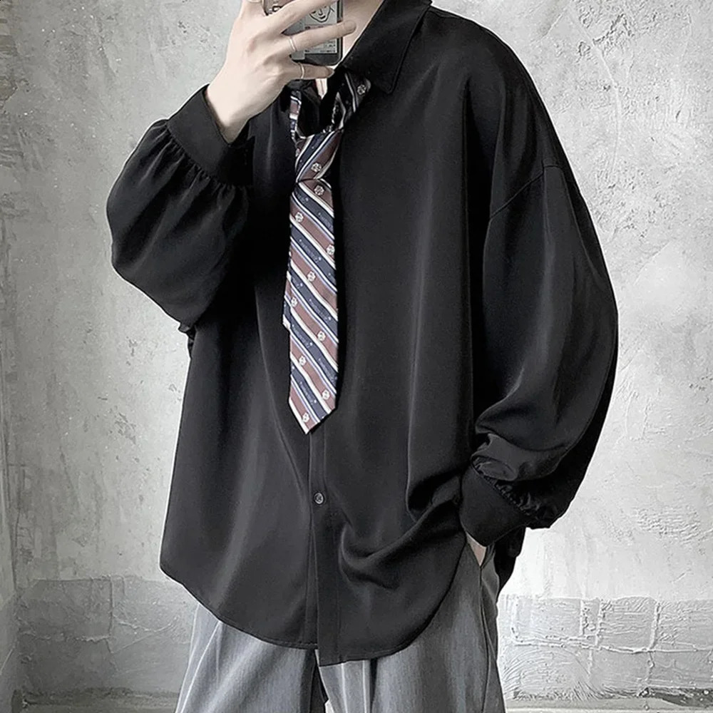 Korean mens long sleeved shirt with black tie comfortable casual solid color oversized breathable and loose Harajuku 250317