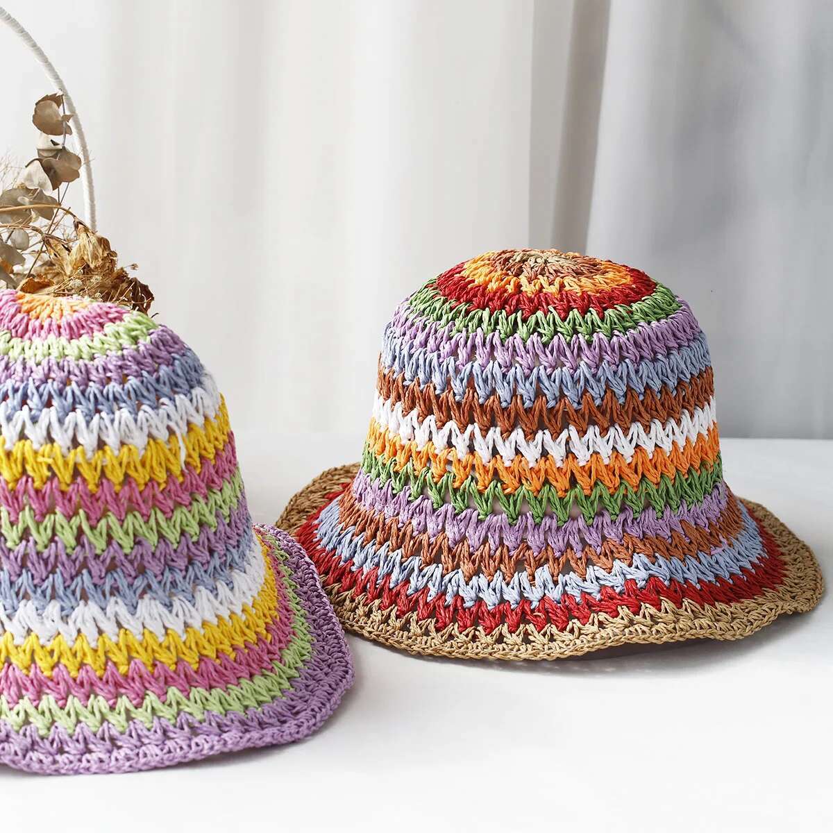 2025 NEW Rainbow Woven Women's Sunscreen Summer Japanese Straw Protective Fashion, Breathable Hollow Beach Sun Hat