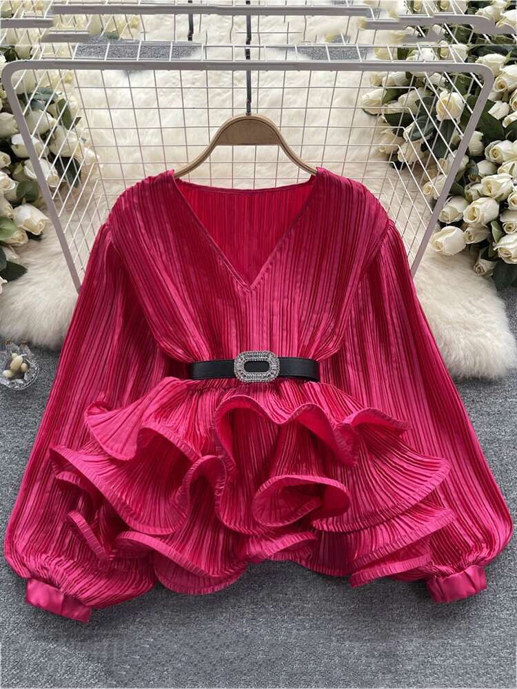 XFPV Elegant Solid V-Neck Belt Ruffles Patchwork Slim Blouse Women Temperament Basics Shirt 2025 Summer New Tide Fashion Sm6134