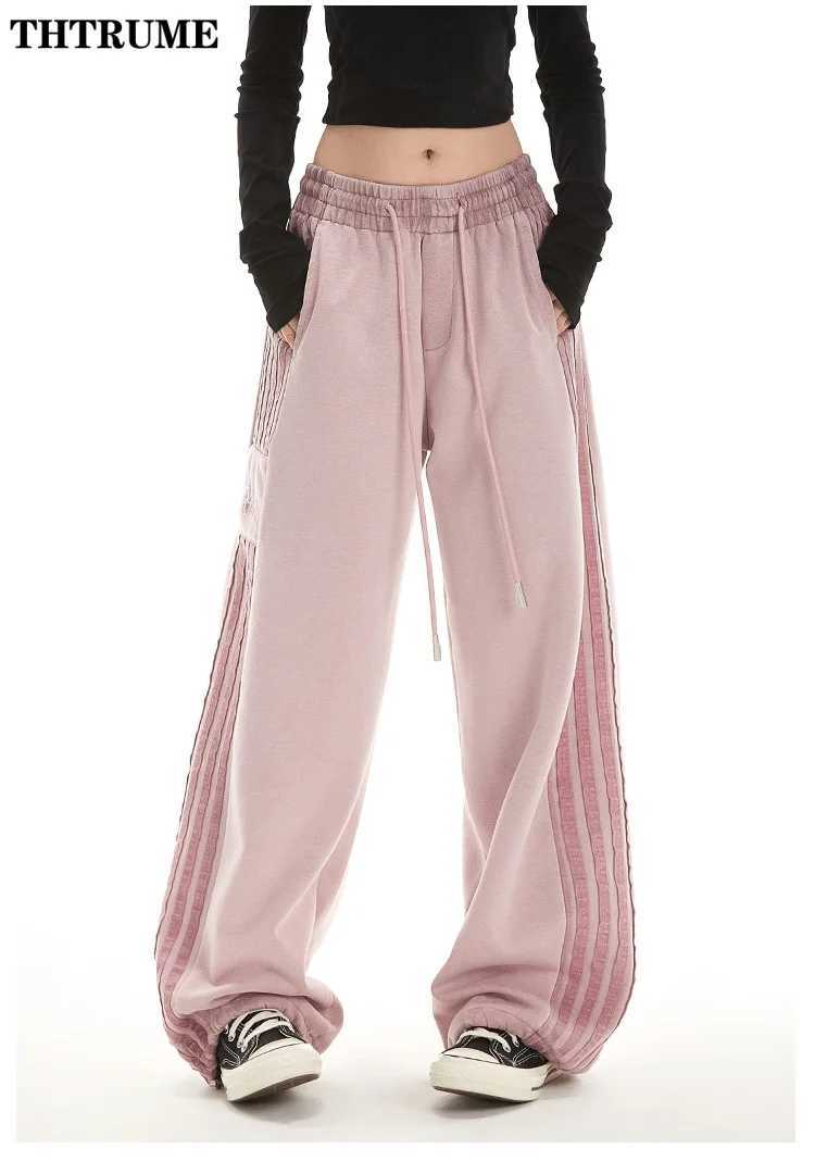 Harajuku Striped Loose Pocket Pants Womens Fashion Drawstring Retro Pocket Cargo Pants Street Clothing Sports Pants TrousersT250318