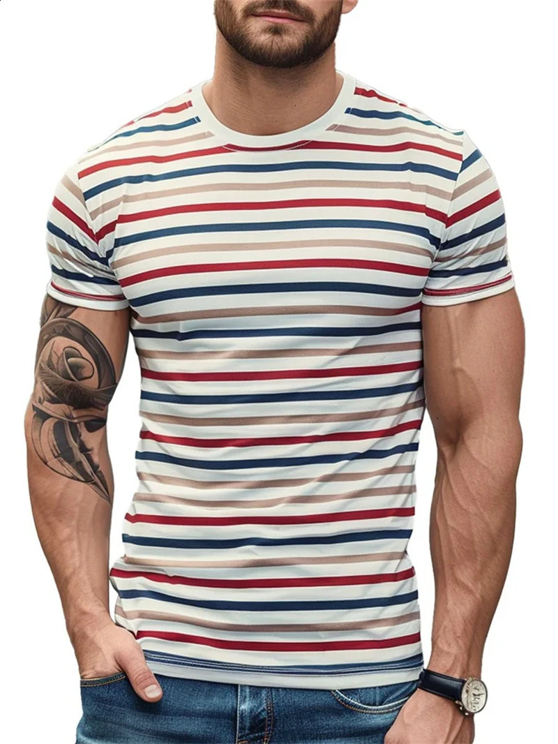 Fashion Stripe 3D Printed T Shirts For Men Summer Casual Crew Neck Short Sleeve Tshirt Loose Vintage Breathable Tees Pullovers 250319