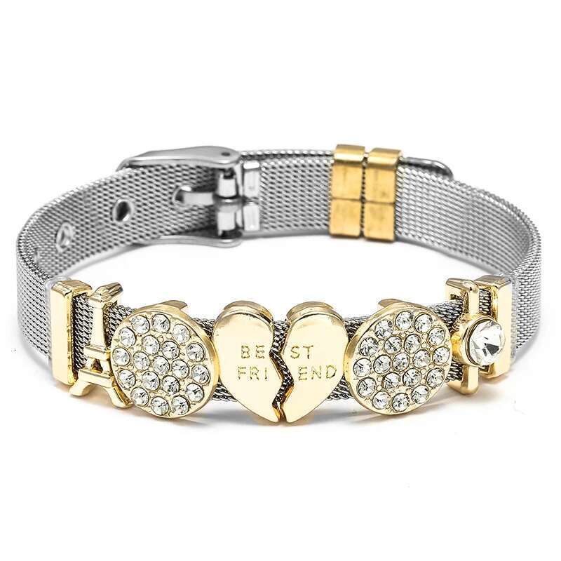 10mm Best Friend Tower Beads Stainless Steel Mesh Bracelets With Crystal Charm Keeper Bracelets Bangles For Women Men Jewelry