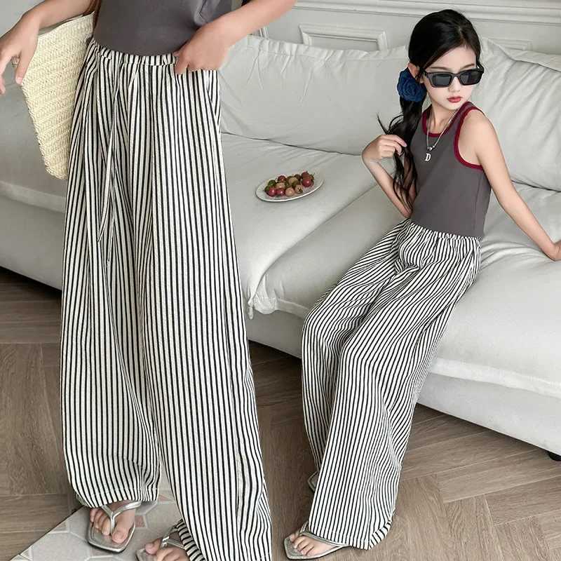 Teenage Girls Summer Pants Thin 2024 New Childrens Striped Wide Leg Pants Daily Casual Full Competition Children Trouser 6 8 10 12 Years OldT250318