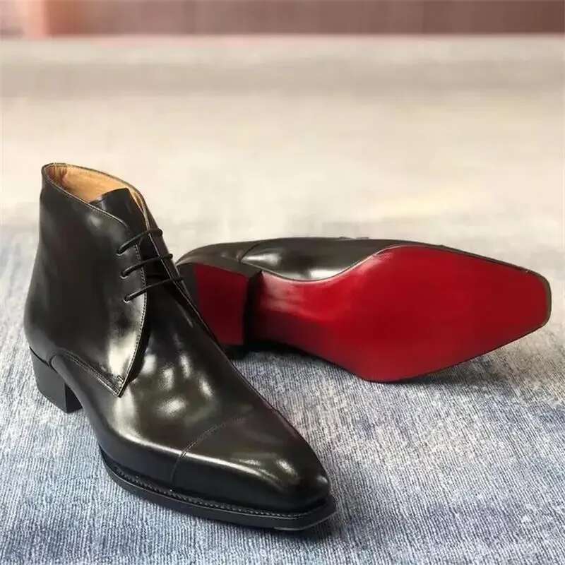 Red Sole Handmade Solid Color Lace Up Classic Business Ankle Boots for Men Fashion Mens Shoes