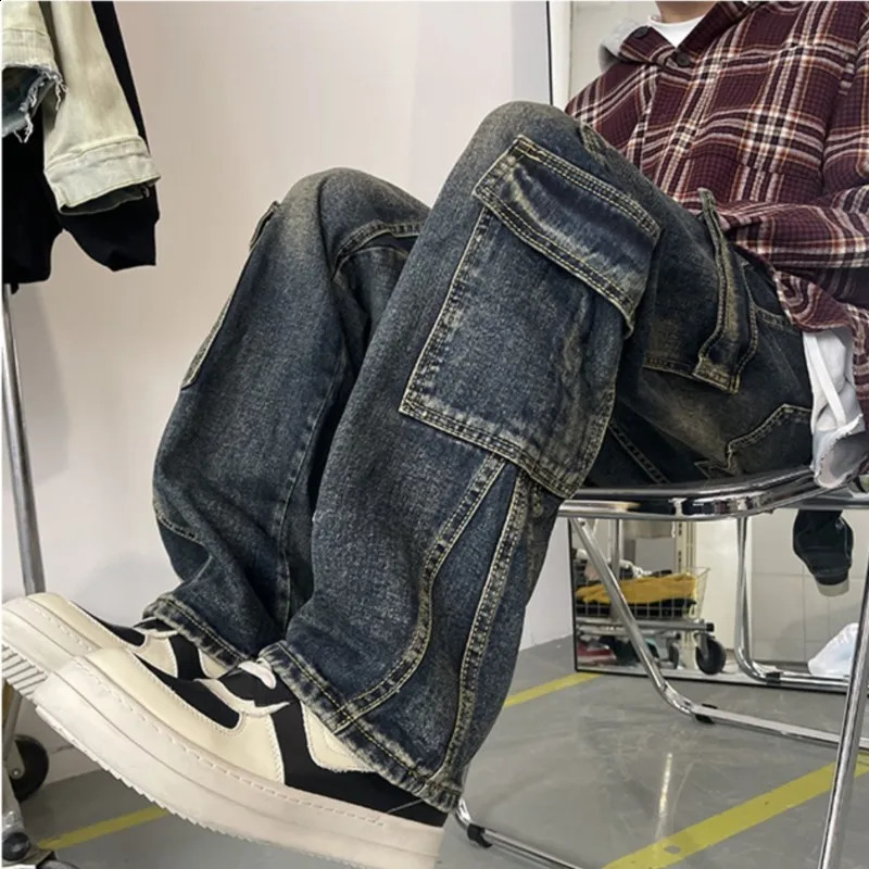Mens patch work blue cargo jeans unisex straight casual mens multi pocket hip-hop streetwear 90s retro fashion pants 250317