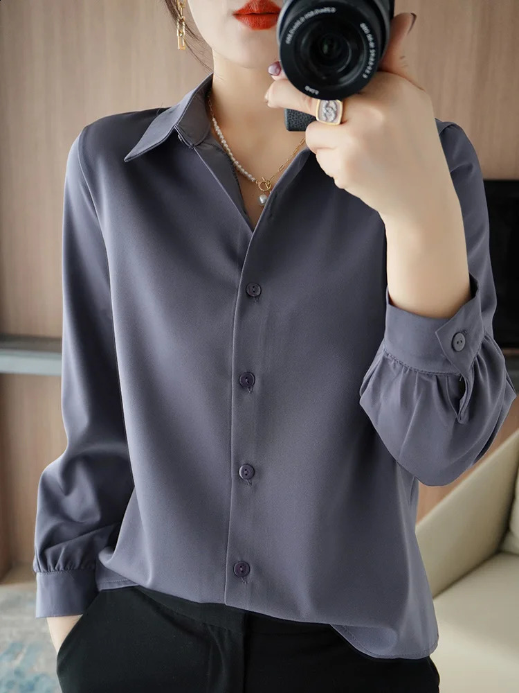 Womens long sleeved satin polo neck shirt for spring and summer 2024 warm loose solid cardigan 250319