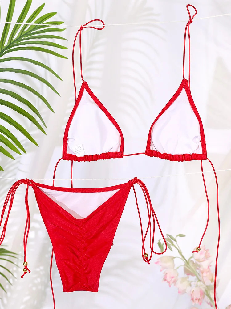 Sexy Triangle Mini Bikini Set Micro Thongs Red Swimsuit Women Bathing Suit Bandage Beachwear Print Swimwear Thong 250311