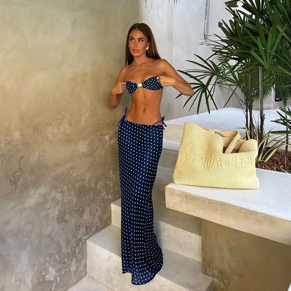 Bandeau Dot 3 Pieces Sexy Bikini With Long Skirt Women Swimsuits Female Swimwear Bathing Suit Swimming Suits Beachwear Biquini 250319