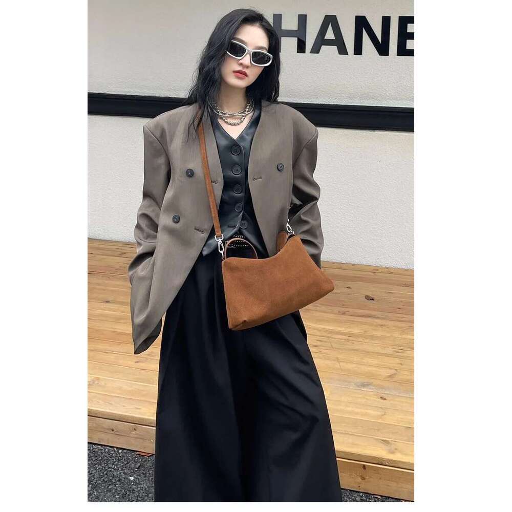 Women Niche Suede Pouch Underarm Bags Retro Matte Cowhide Shoulder Crossbody Handbag Trendy Bag
