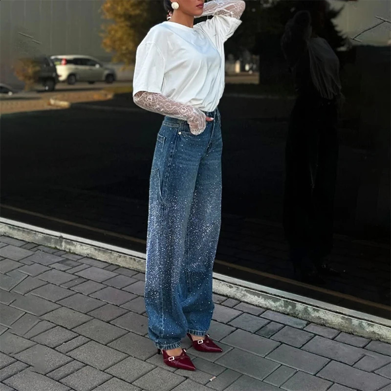 Gradient blue womens jeans with rhinestone n button high waiting for casual straight through fashion spring outfit Trouser 250317