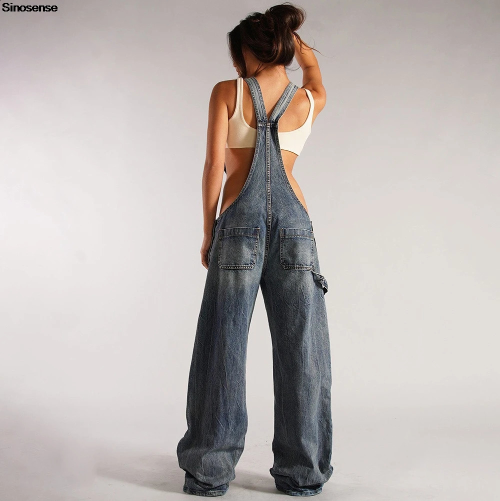 Womens Denim Bib Jumpsuits Casual Sleeveless V Neck Adjustable Straps Loose Baggy Cargo Jean Overalls Y2K Jumpers With Pockets 250319