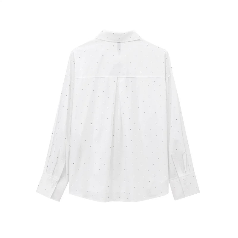 Minimalist loose long sleeved shirt rhinestone decoration large pocket boyfriend style womens top 250318