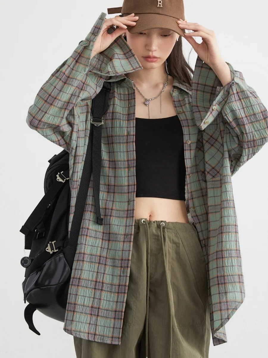 CHIC VEN Women Shirt Loose Single Breasted Casual Cotton Contrast Plaid Female Top Sun Protection Blouses Spring Summer 250314