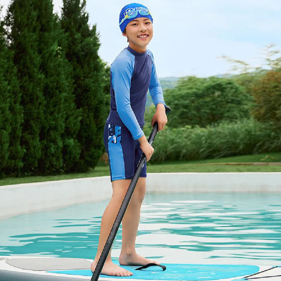 Boys Two Piece Rash Guard Swimsuits Kids Long Sleeve Sunsuit Swimwear Sets Boys Swimsuits UPF50UV Swimwear Kids 7-14 Years 250319