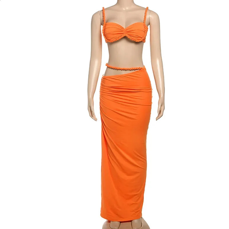 Summer Bandage Ruffle Beach Dress Set Womens Sleeveless Backless Top Tight corset Maxi Long Sleeve Two Piece Matching 250318