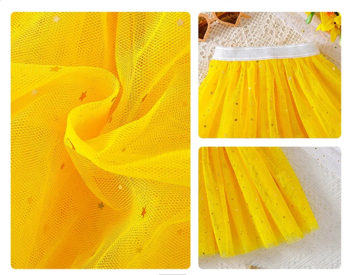 2025 Girls Tulle Star Short Kids Tutu Skirt Children Fancy Ballet Dancewear Party Costume Ball Gown Mini Skirt Yellow 2-8Y 250319