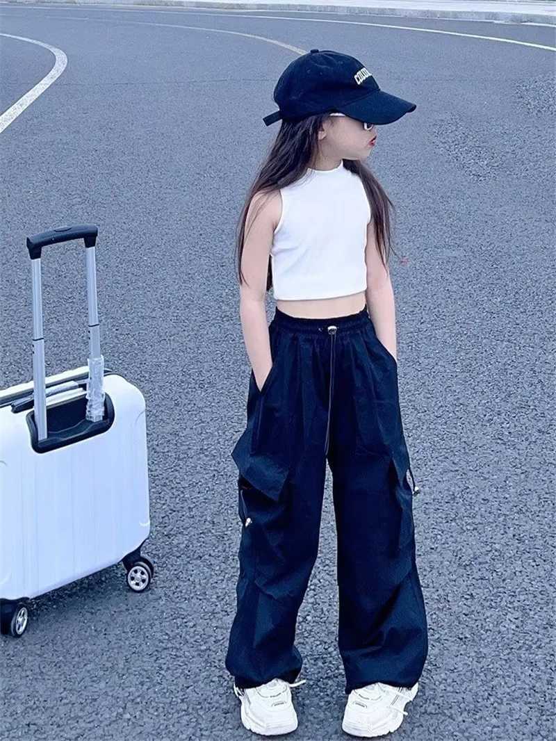 Teenage girls jogging pants loose casual fashionable childrens straight Trouser pocket design fashionable cool streetwear childrens pants 5-14 YT25031