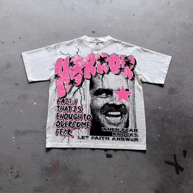 Shining Faith Over Fear Graphics Print Cotton TShirt Men Y2K Summer Short Sleeves Vintage Oversize Tshirt Streetwear Women Tops 250318