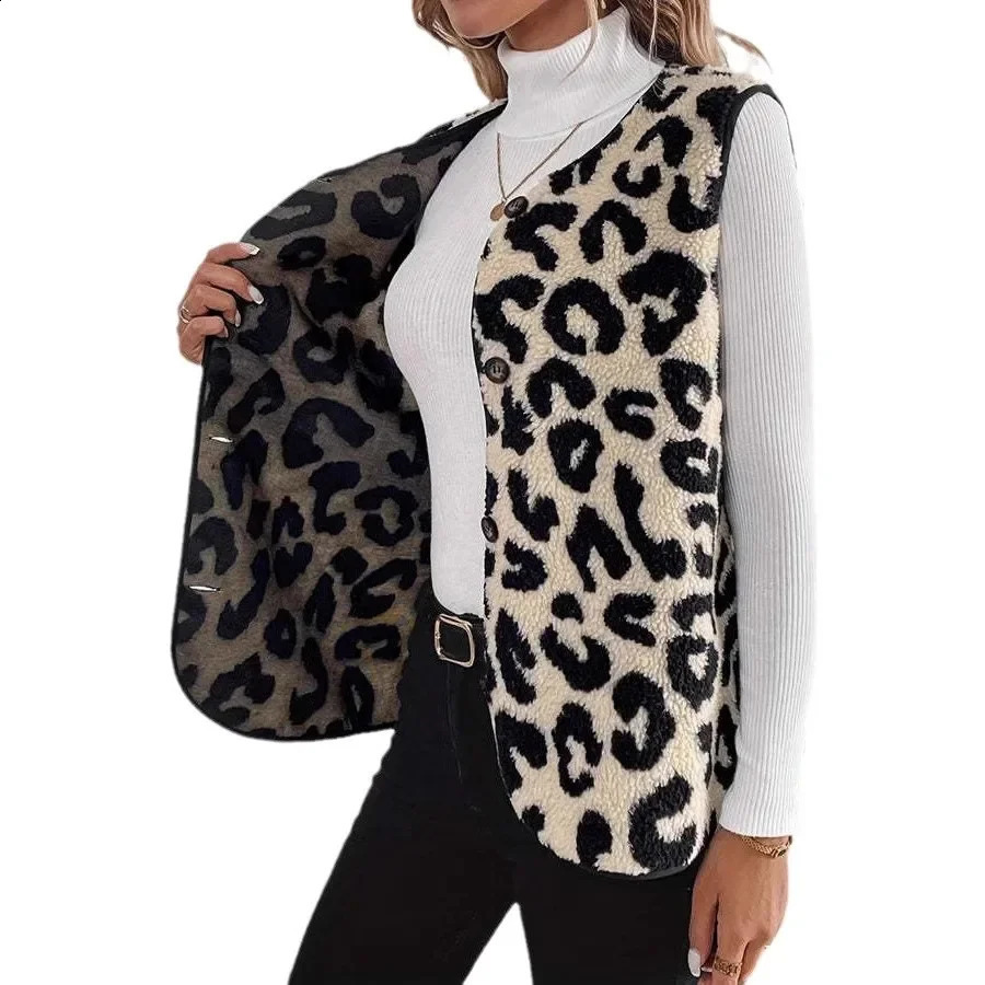 Fashionable and simple front button plush vest 2024 autumn winter leopard print womens jacket Vneck Chinese 250319