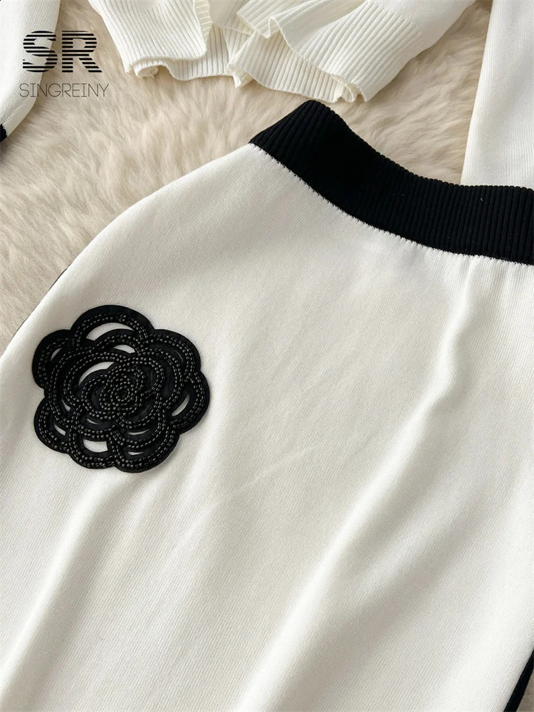 SINGREINY Elegant Two Piece Knit Set Winter Flower n Long Sleeve Pullover Elastic Waist Long Skirt Fashion Sweater Suit 250318
