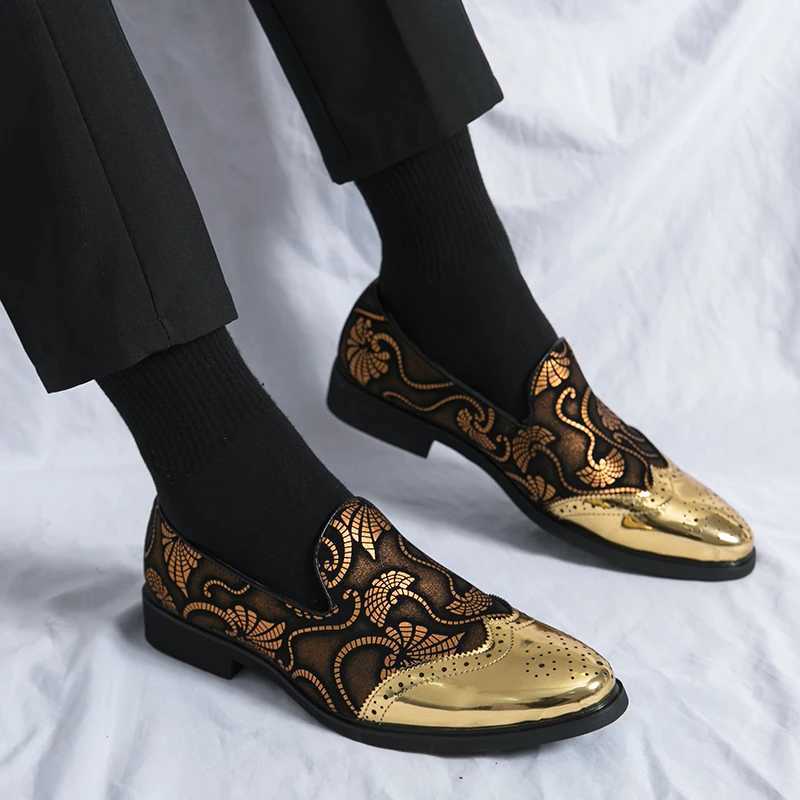 Mens dresses leather shoes mens classic gentlemens wedding ball shoes luxurious British gold blue countryside pattern Oxford HombreXJ250319