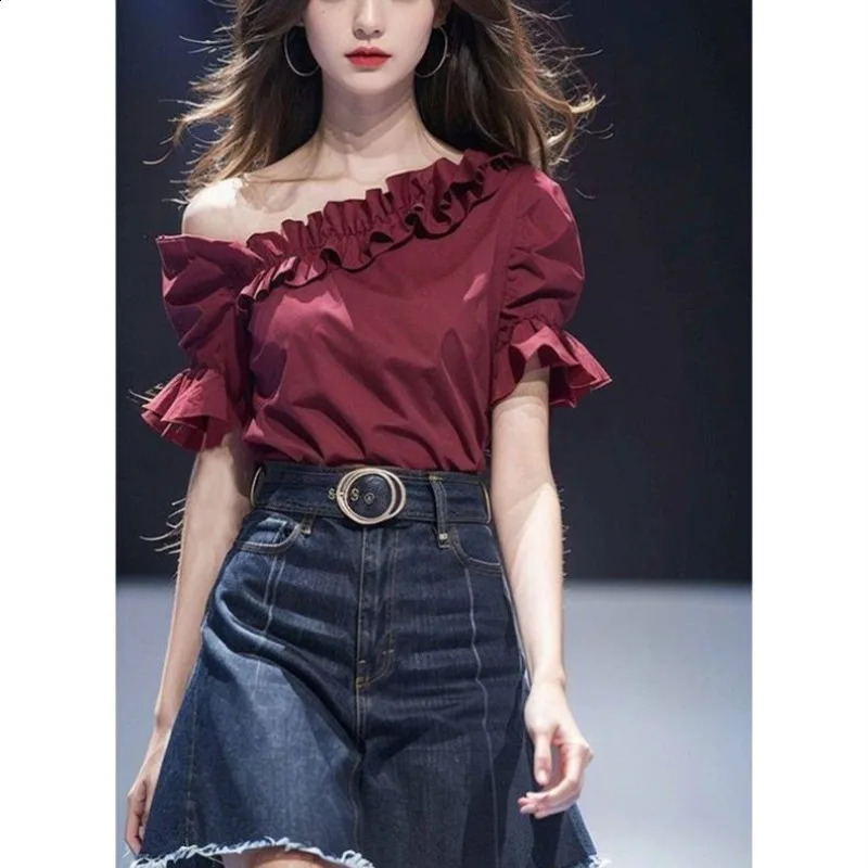 Elegant summer solid womens round neck shirt with pleated edges fashionable retro style fully matched ultrathin petal sleeve top 250318