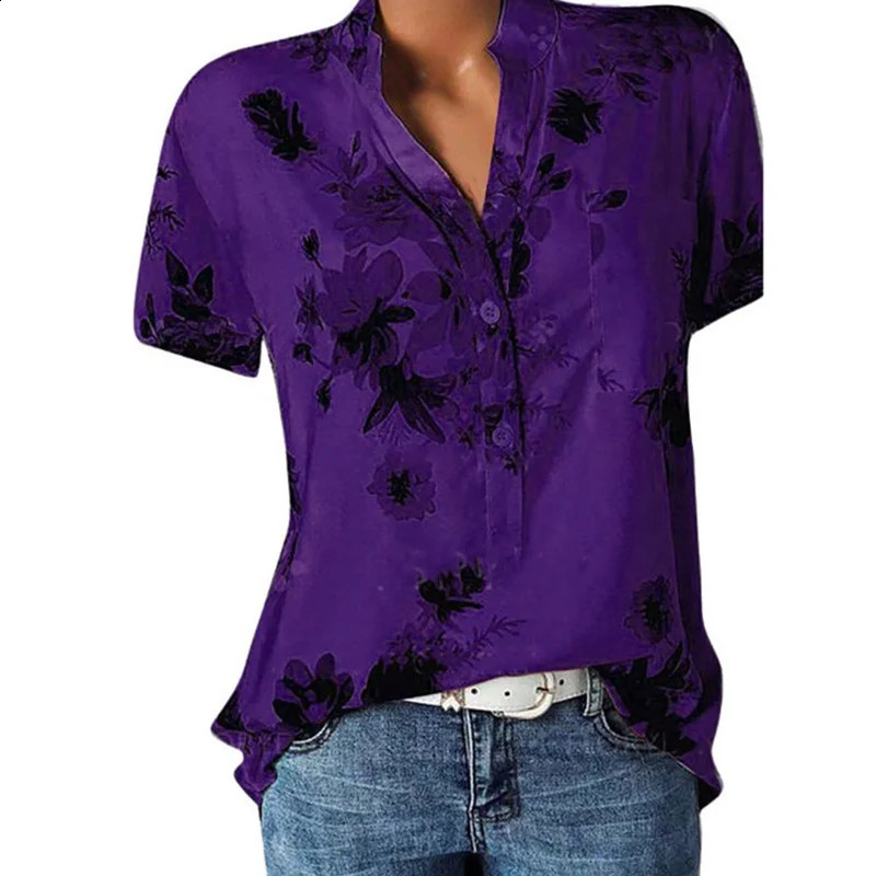 Elegant womens printed plus size casual shirt fashionable Vneck short sleeved 250318