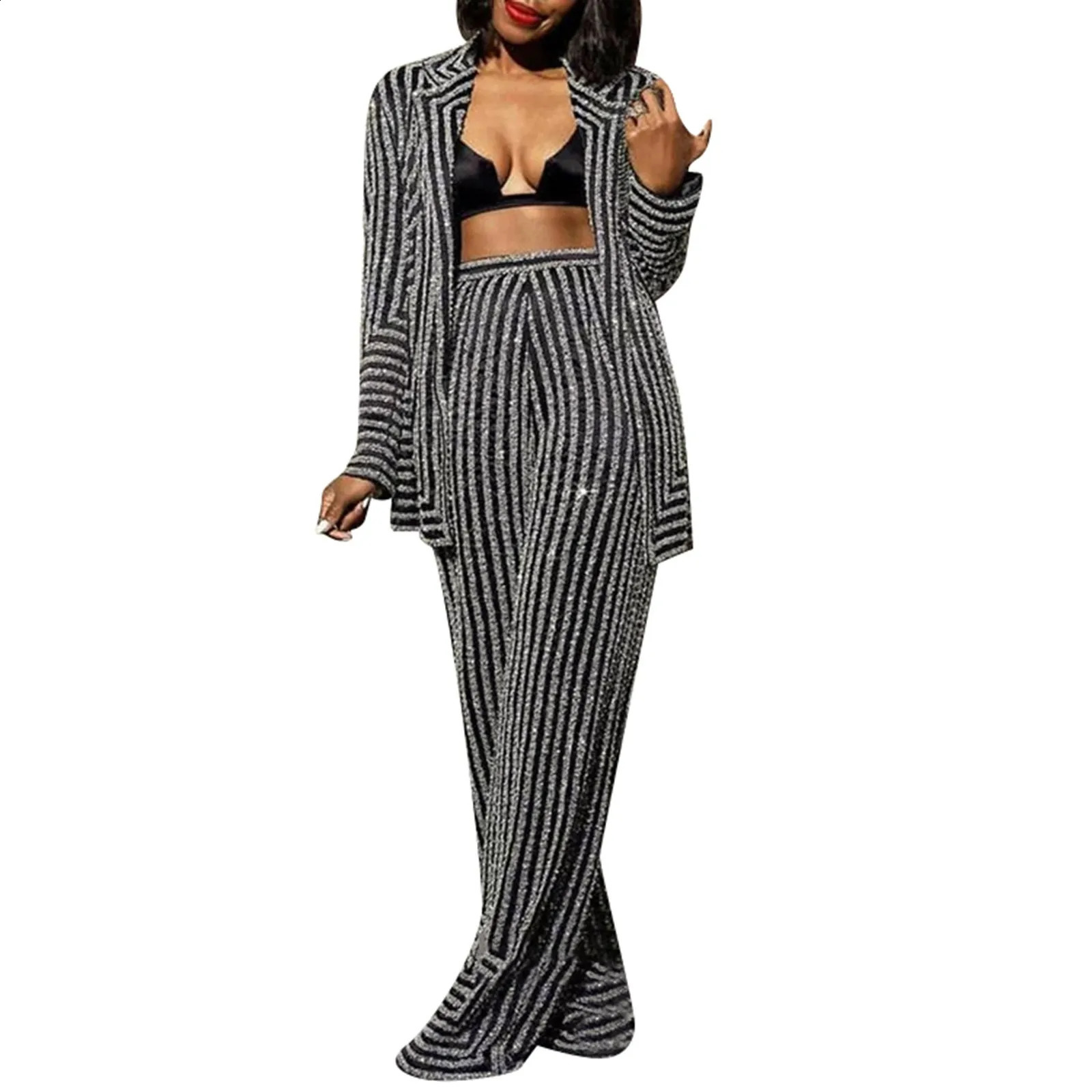 Striped Printing Clothes For Women 2 Piece Set Casual Loose Cardigan Tops Spring Clothing Wide Leg Pant Suit Trousers Suits 250317