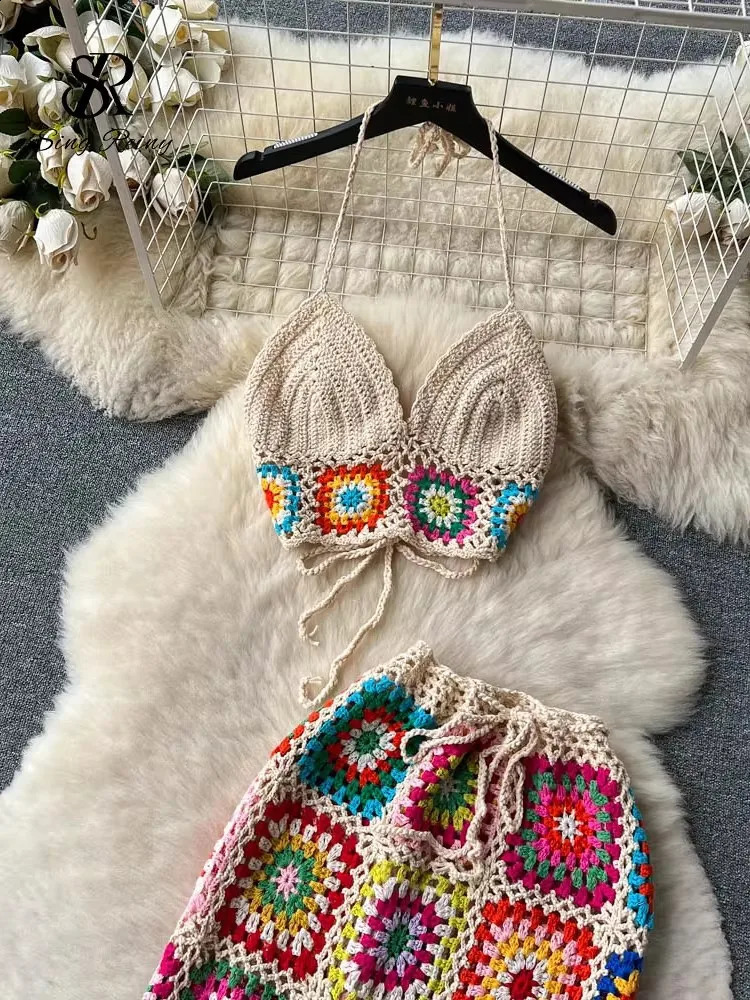 SINGREENY Knitted Beach Two Piece Womens Shoulder Strap Mini CamisElastic Waist Pants Set Street Clothing Hollow Leisure 250318
