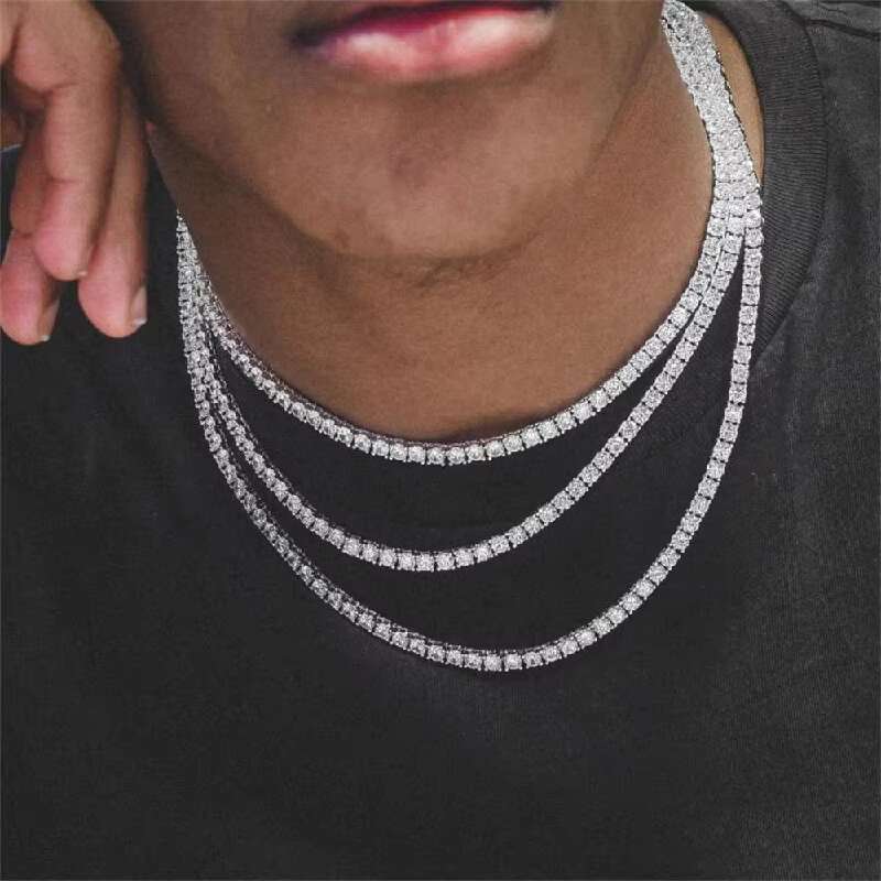 17.5ctw Ice Cold Hip Hop 3mm Necklace 22 inch Sier Plated Moissanite Men's Tennis Chain