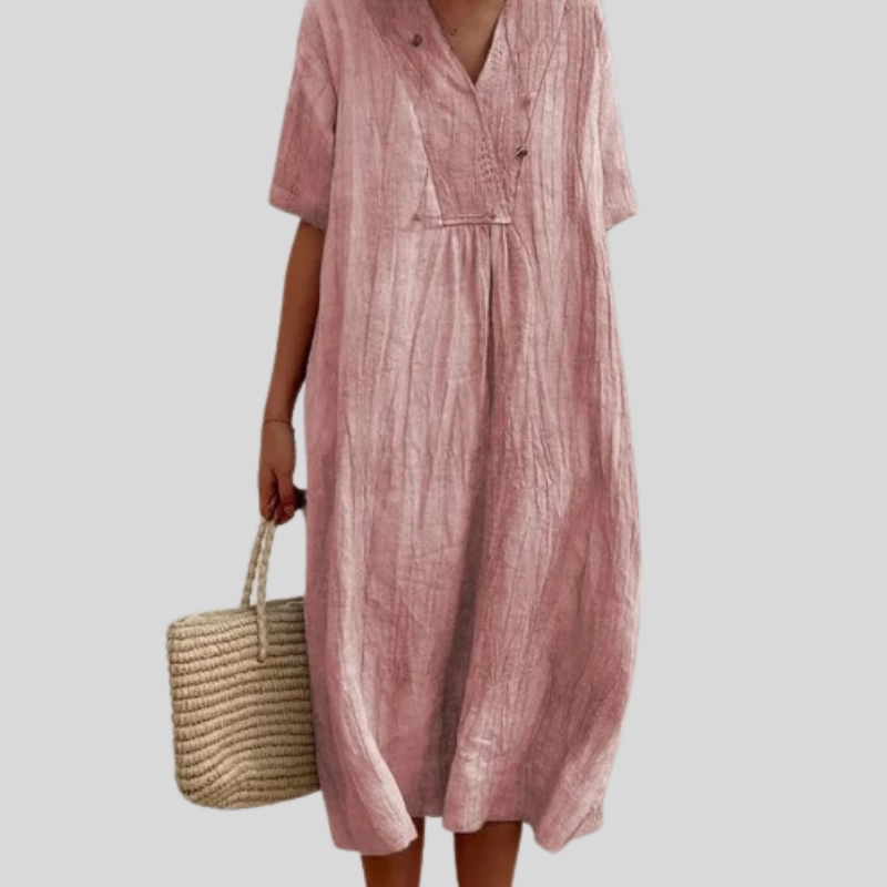 Cotton and linen spot women's clothing solid color, big V-neck fashion style loose short-sleeved dress
