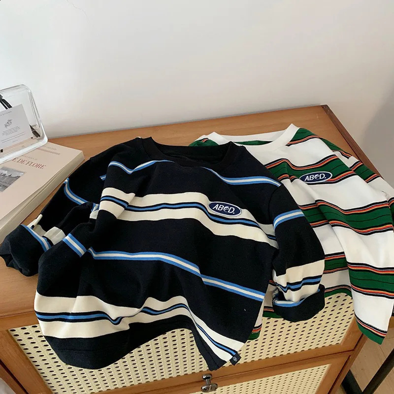 2025 Spring Autumn Kids Boys T-shirts Cotton Striped Loose Sticker Casual Long Sleeve Baby Girls Shirts Toddler Boys Tops 250319