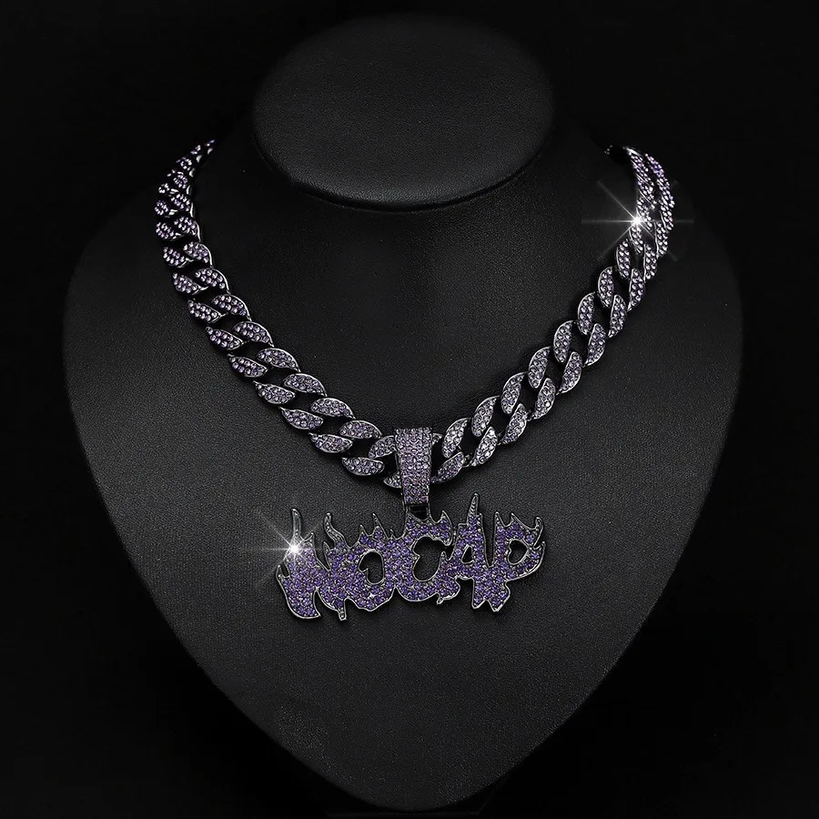 NL2119 Purple NOCAP Cuban Chain Jewelry Alloy and Rhinestone Hip Hop Flame Letter Pendant Necklace Rock Jewelry 250313