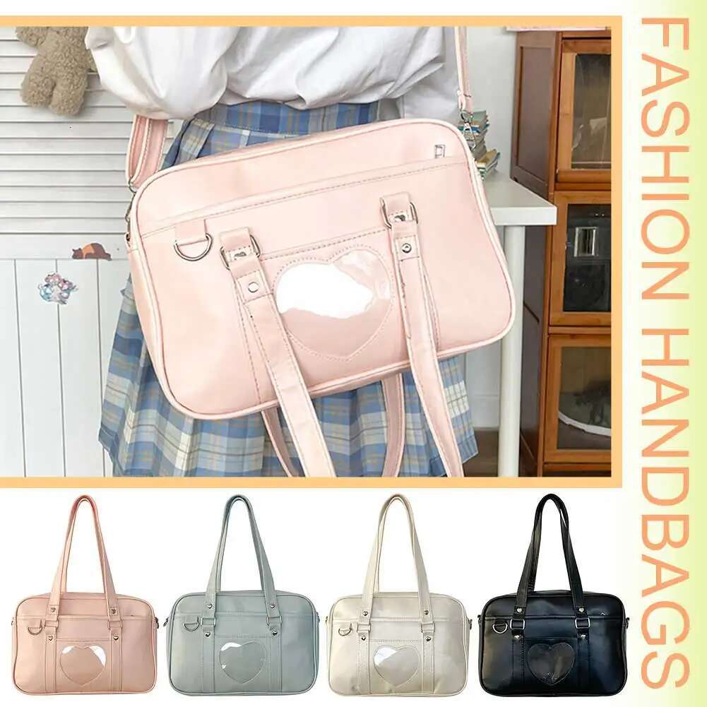 Women Girls Cosplay Satchels Large Capacity PU Anime Crossbody Transparent Love Heart Japanese School Bag For Outdoor Travel