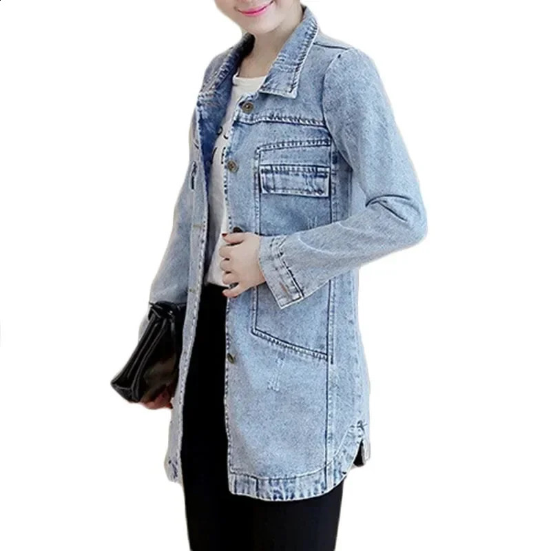 Autumn Winter Korean Denim Jacket 5XL Women Slim Long Base Coat Womens Frayed Navy Blue Casual Female Jeans Jackets Coats 250319