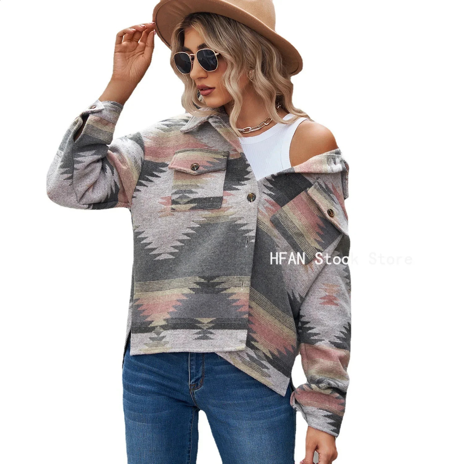 Retro jacket womens patchwork loose jacket denim print Aztec retro ethnic style long sleeved streetwear womens Gothic jacket 250317