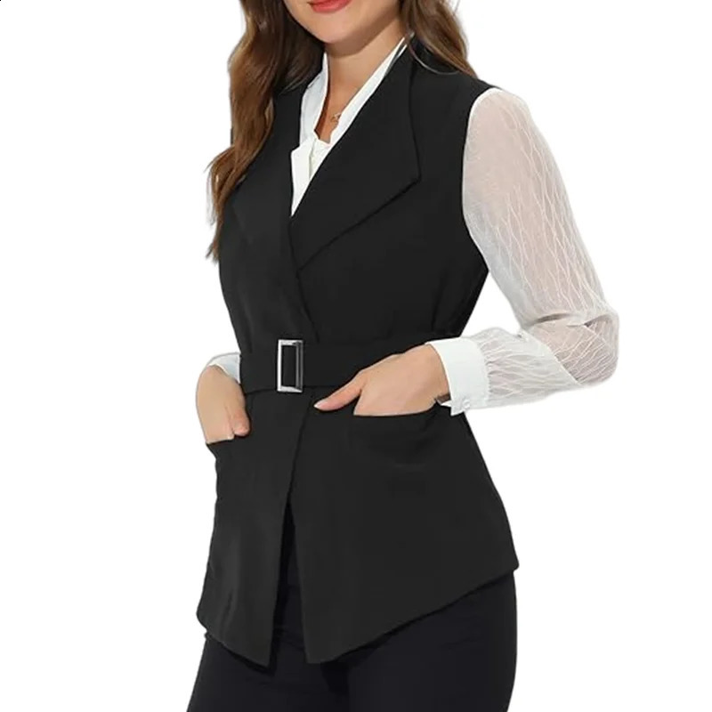 Womens Sleeveless Collar Open Vest Spring Jacket Thin with Inner Lining and Belt Clothing 250319