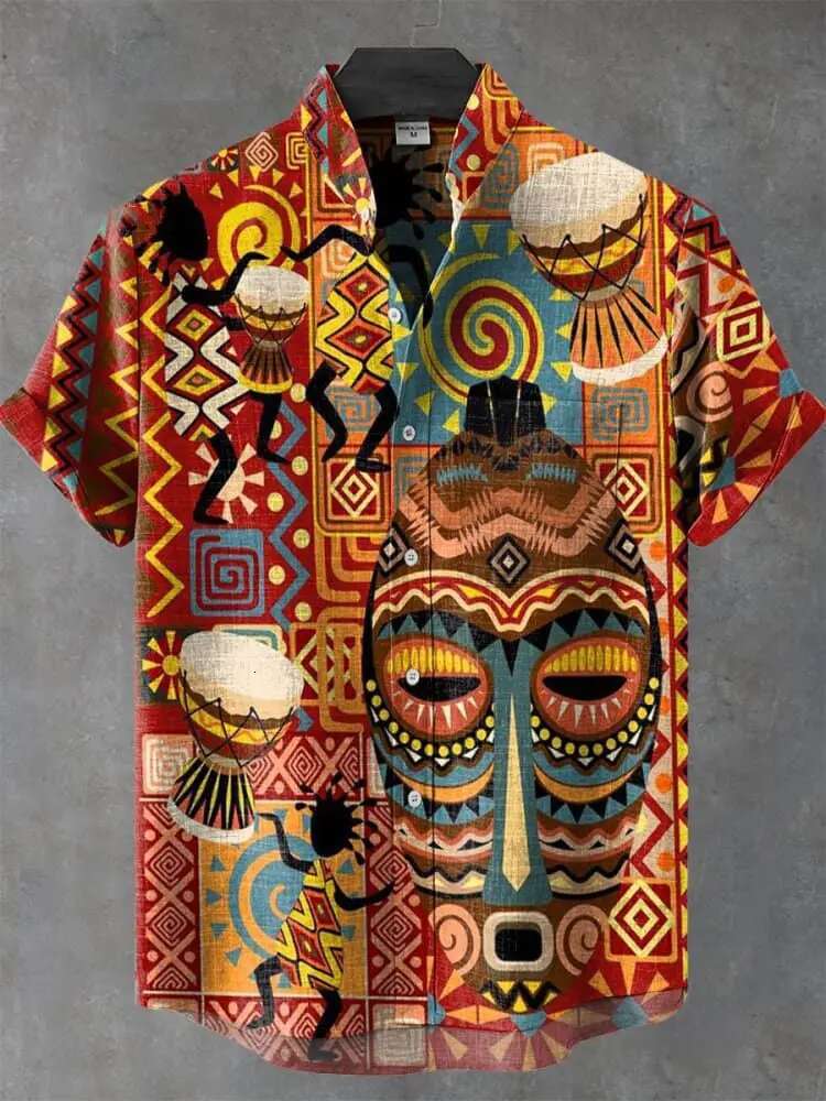 2025 Vintage African Style Retro Ethnic Tribal Short Sleeve Tops Fashion Casual Vacation Streetwear Men's Shirt