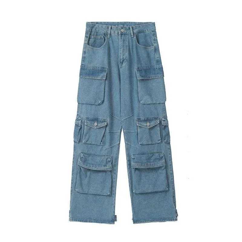 Multi-Pocket Blue Washed Jeans Cargo Pants Y2k Retro Streetwear Fashion High Waist Jeans Couple Harajuku Casual Wide Leg PantsT250319