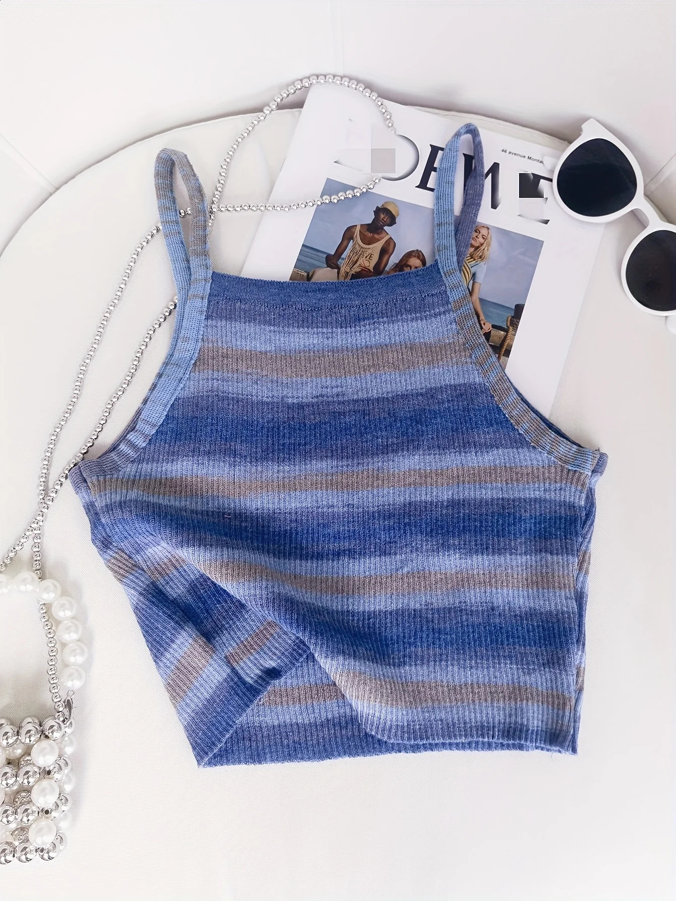 2024 Comfortable and Stylish Striped Ribbed Knit Cami Top for Women Sleeveless Square Neck Casual Rainbow Crop 250311Z