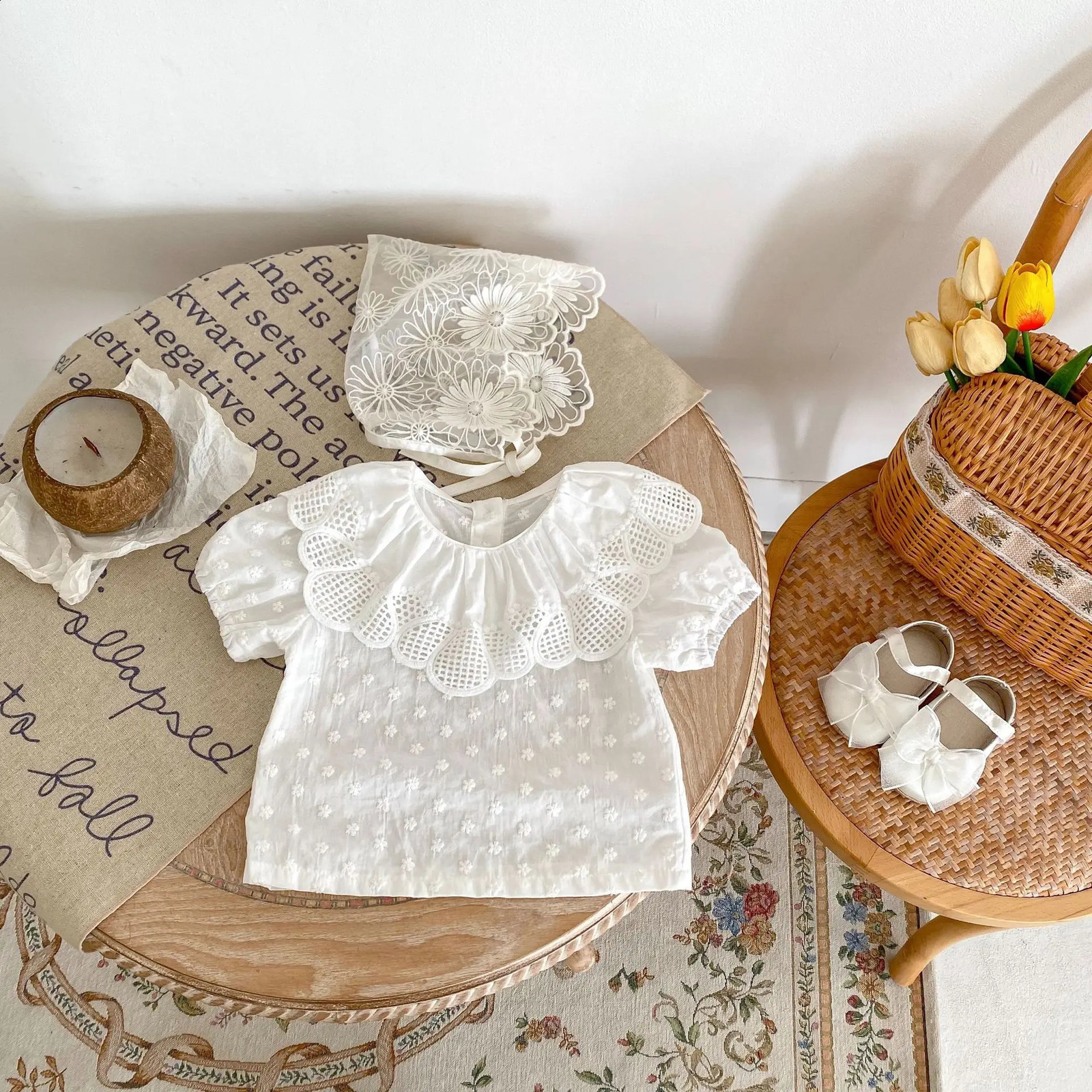 Summer Baby Girl Trend Sweet All Solid Color Large Lace Collar Embroidered Small Flower Bubble Short Sleeve Shirt Bottom 250319